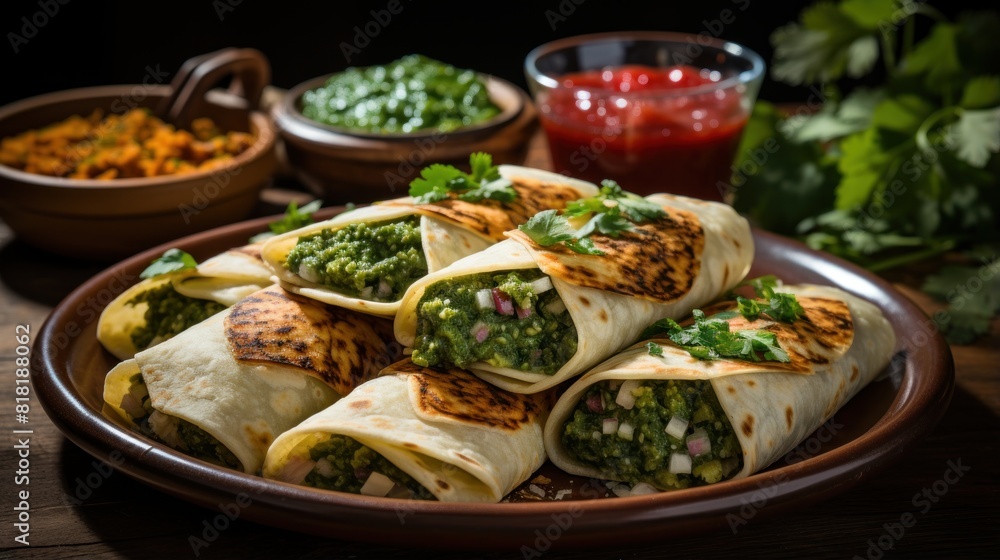 Golden Tacos Stuffed with Chicken, Potatoes, and Greens on a Rustic Plate