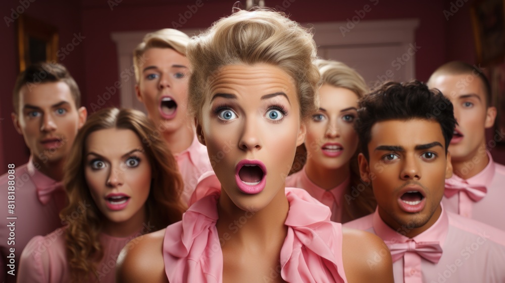 Fototapeta premium Surprised Group of Young People in Pink Outfits with Shocked Expressions