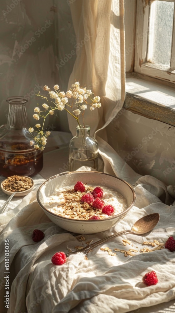 Bowl of cereal and raspberries on a table. Morning porridge, food background. Vertical background Bowl of cereal and raspberries on a table. Morning porridge, food background. Vertical background