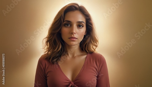 A portrait of a young woman with a serene expression, highlighted by soft, warm lighting that enhances her natural beauty.