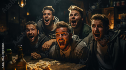 Group of Men Enthusiastically Watching TV Together in a Cozy Setting