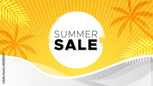 Editable summer sale banner with tropical leaf theme. Creative summer sale banner in trendy bright colors with tropical leaves and discount text. Season promotion gradient illustration.