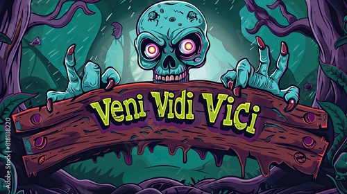 Veni Vidi Vici poster, A zombie holds a wooden sign photo