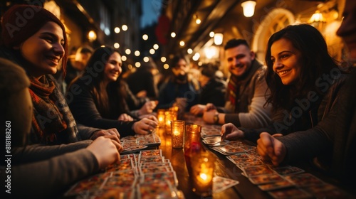 Group of Friends Playing Cards at Cozy Outdoor Cafe During Evening