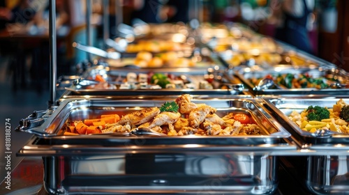 Vibrant and colorful display of chafing dishes with various dishes including chicken, seafood or  photo