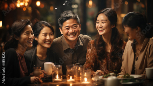 Joyful Multi-Generational Asian Family Gathering at a Cozy Dinner Table