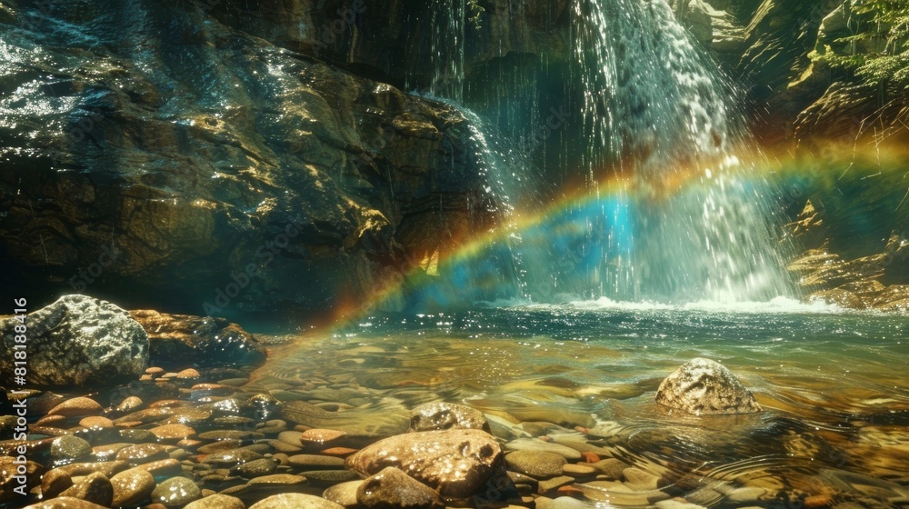 Crystal clear water tumbling down a rocky cliff with a shimmering rainbow gracefully arching over it.