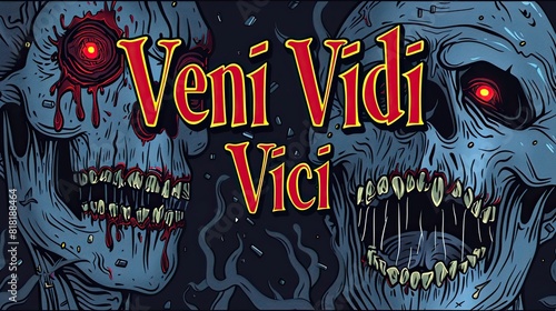 Veni Vidi Vici poster with orange text and two skeletons photo