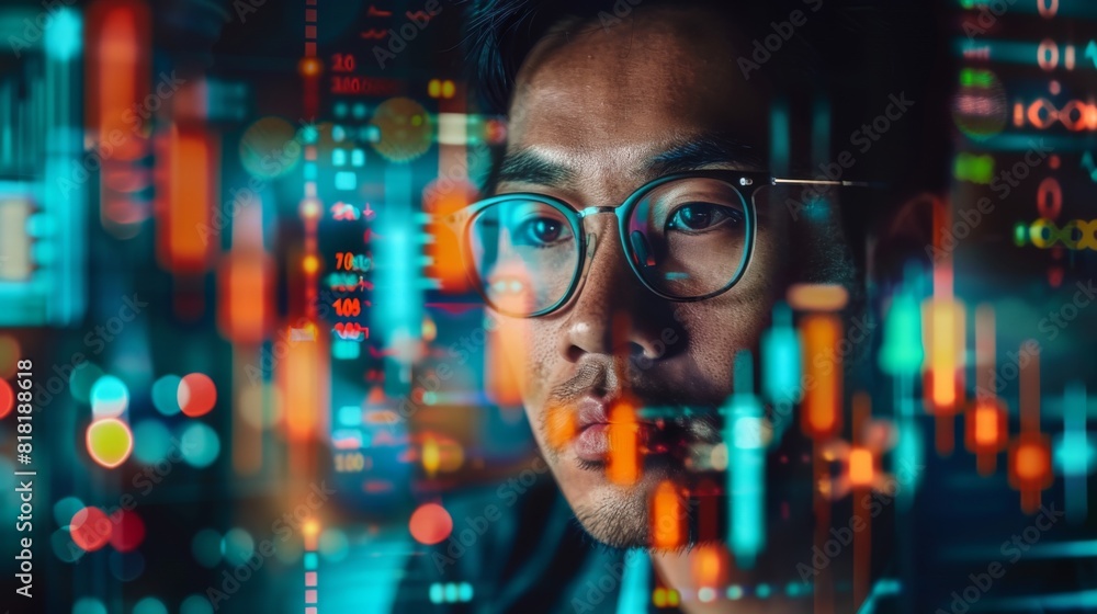 A businessman wearing glasses, deeply engaged in analyzing business diagrams and finance market graphs on a laptop in a sophisticated office A businessman wearing glasses, deeply engaged in analyzing business diagrams and finance market graphs on a laptop in a sophisticated office