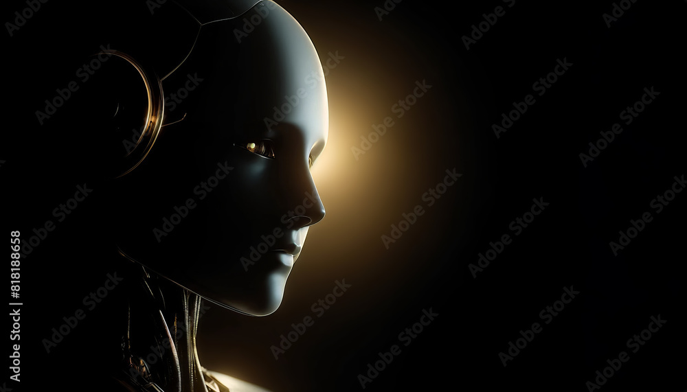 A serene robot portrait, the robot's face softly glowing in a dark, moody setting A serene robot portrait, the robot's face softly glowing in a dark, moody setting