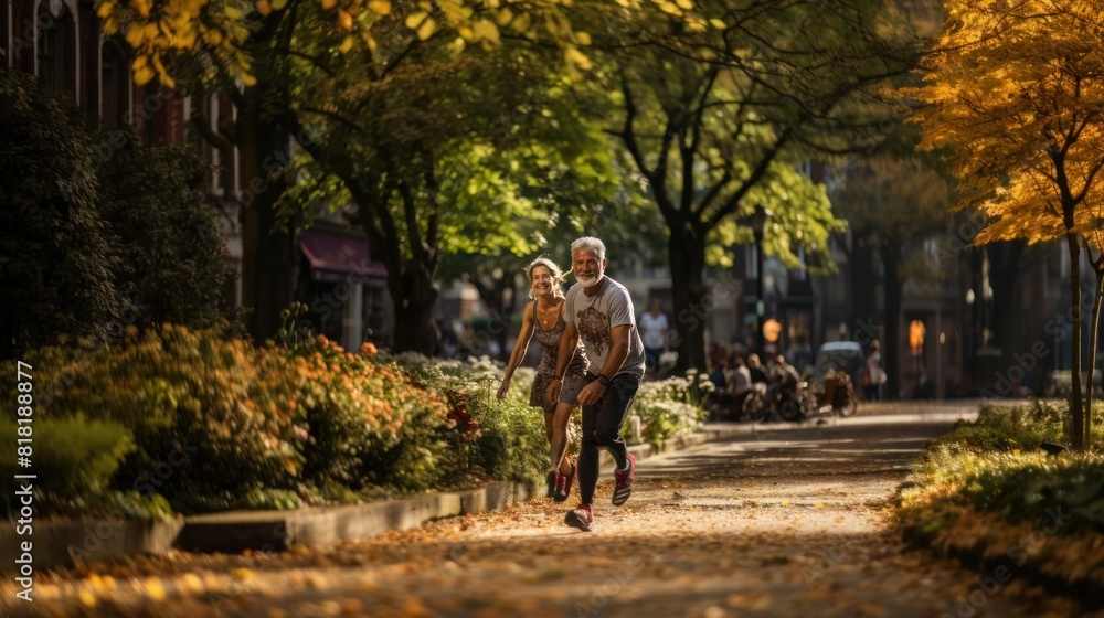 Obraz premium Mature Couple Exercising in a Park on a Sunny Autumn Day