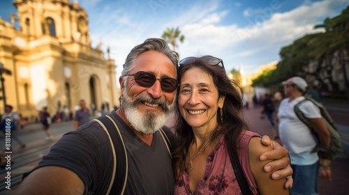 Happy Mexican Couple Taking Selfie in Front of Historic Basilica © AS Photo Family