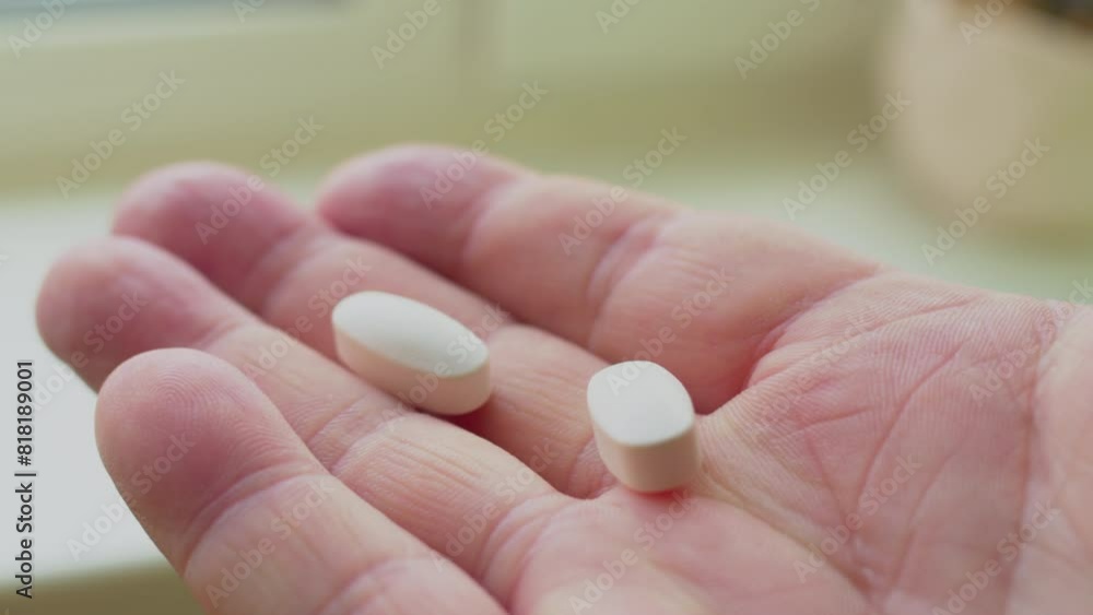 Health and medicine. Hand holds a large white capsule. Close-up Health and medicine. Hand holds a large white capsule. Close-up