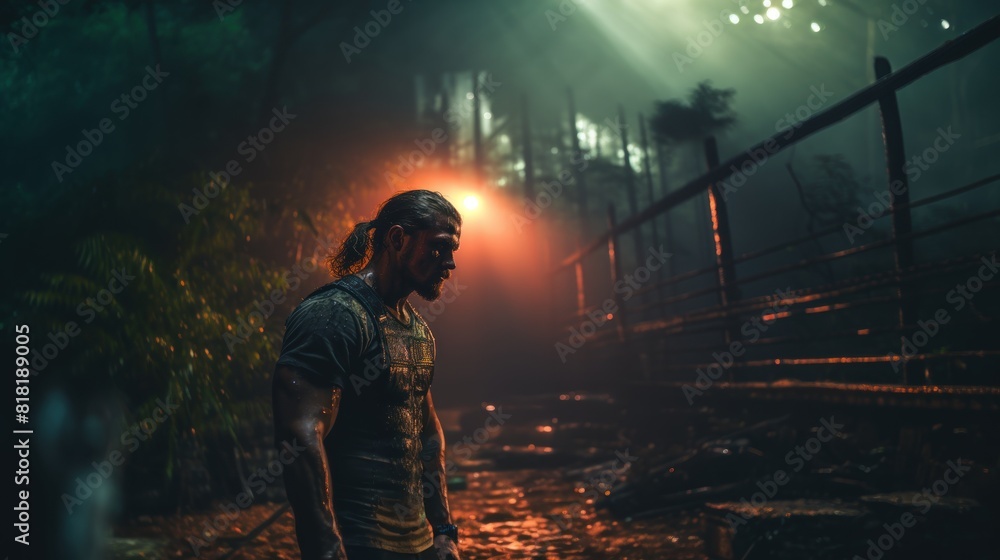 Fototapeta premium Intense Man in Dark Outdoor Setting with Dramatic Lighting