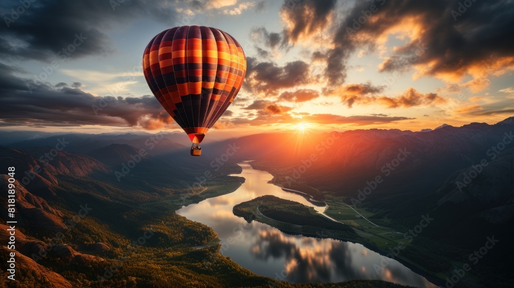 Hot Air Balloon Flying Over Scenic Landscape at Sunset