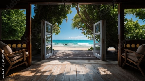 Open Door from a Tropical Wooden Cabin Leading to Stunning Beach View