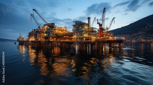 Panorama of Oil and Gas Central Processing Platform at Dusk with Illuminated Lights