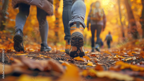 Group Walking Down Leaf-Covered Road