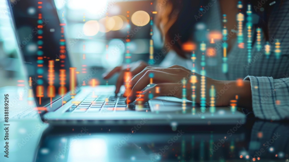 A businesswoman's hands typing on a laptop, overlaid with budgeting spreadsheets and financial charts A businesswoman's hands typing on a laptop, overlaid with budgeting spreadsheets and financial charts