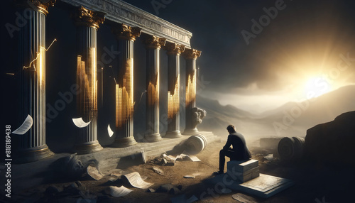 The downfall of a financial empire: A person in a business suit sitting despondently amidst the ruins photo