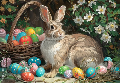 Traditional Easter Bunny with colorful Easter eggs. Happy easter