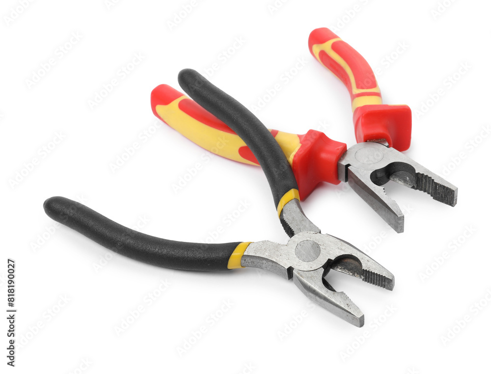 Different pliers isolated on white. Construction tool Different pliers isolated on white. Construction tool
