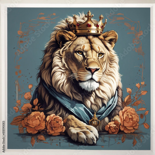 illustration of big lion with crown and flowers