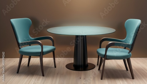 A stylish interior setup featuring two teal upholstered chairs and a sleek black round table  against a warm brown backdrop and wooden floor.
