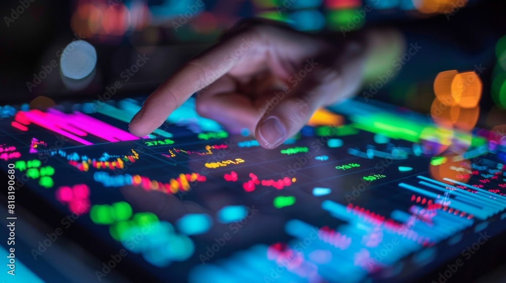 A hand holding a tablet showing live stock exchange data, finger pointing at a specific graph, dynamic stock exchange setting A hand holding a tablet showing live stock exchange data, finger pointing at a specific graph, dynamic stock exchange setting