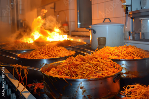 Full pots on a stove with a huge amount of spaghetti pomodoro and fire