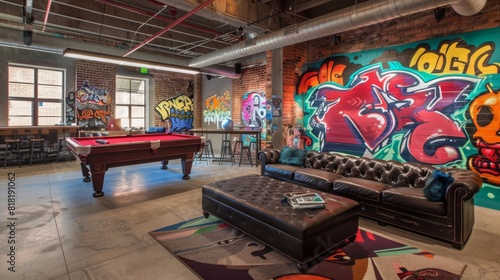 A modern urban lounge featuring colorful graffiti art, a pool table, a leather couch, and a large ottoman, illuminated by natural light from windows during the day. © Prostock-studio