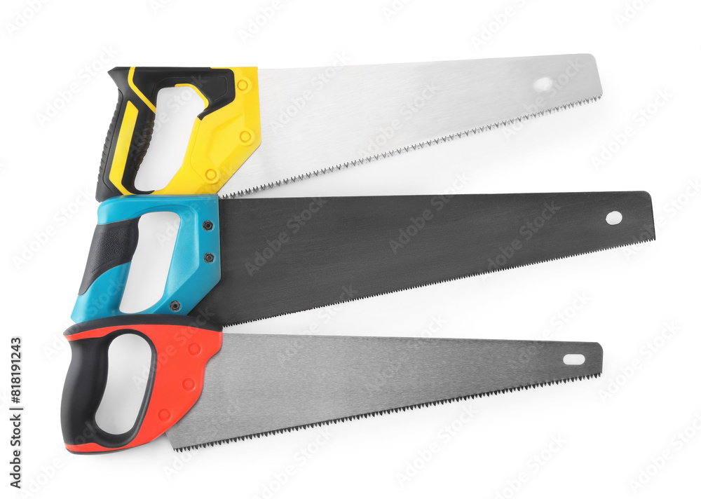 Saws with colorful handles isolated on white, top view Saws with colorful handles isolated on white, top view