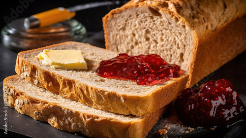 Sliced bread with butter and jam on a dark background.