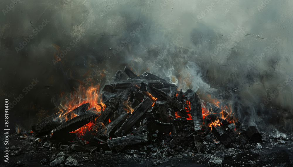 The image is of a pile of charcoal with glowing embers by AI generated image The image is of a pile of charcoal with glowing embers by AI generated image