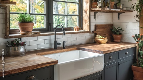 A modern kitchen with open shelving  butcher block countertops  and a farmhouse sink