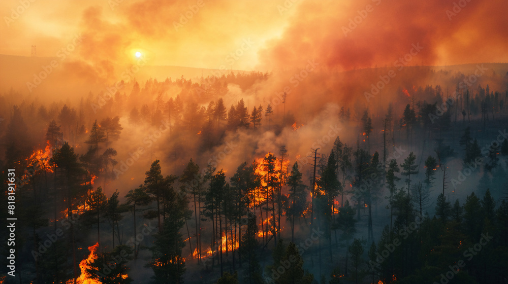 Forest fire with towering flames and thick smoke billowing under a fiery sunset. Forest fire with towering flames and thick smoke billowing under a fiery sunset.