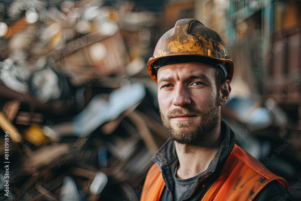 Junk yard worker posing confidently in the gritty and industrial environment of a recycling facility Junk yard worker posing confidently in the gritty and industrial environment of a recycling facility