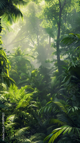 Sunlight streams through the dense canopy of a tropical jungle  illuminating vibrant green foliage and creating a lush  serene atmosphere deep within the forest.