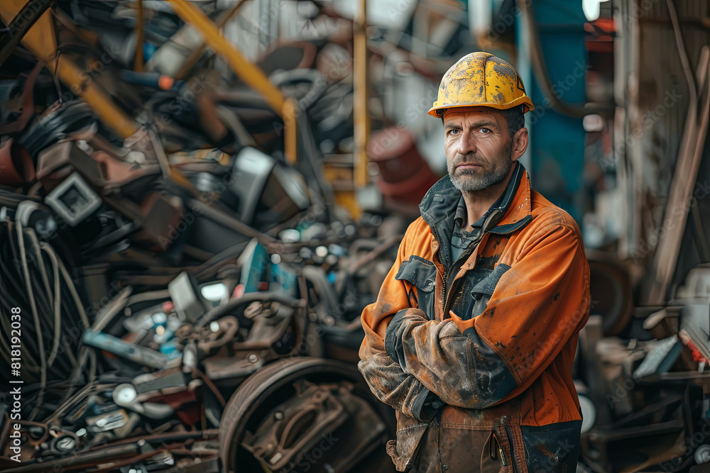 Junk yard worker posing confidently in the gritty and industrial environment of a recycling facility Junk yard worker posing confidently in the gritty and industrial environment of a recycling facility