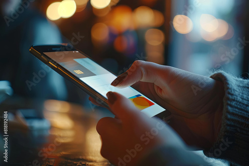 Person selects debit card on smart wallet app for secure and convenient payment, expression of trust in technology photo