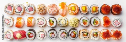 Sushi Big Set, Various Maki Sushi, Baked Norimaki, Kappamaki Rolles Collection with Salmon photo