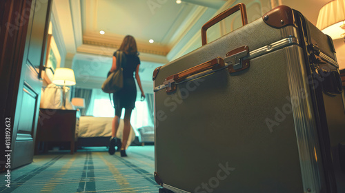 Close-up of luggage and blurred background of a happy tourist woman in a hotel.Generative AI