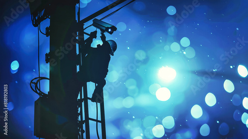 A man in silhouette climbs a telephone pole, surrounded by the glow of streetlights, working on the cables