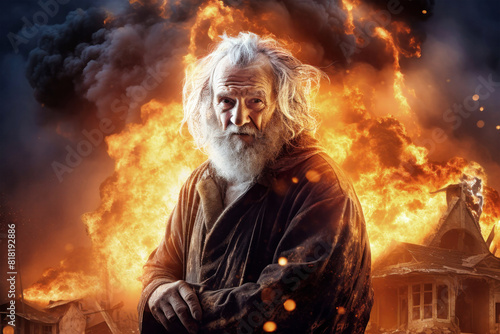 An elderly man stands solemnly in front of a raging fire consuming a house, a scene of war and destruction photo
