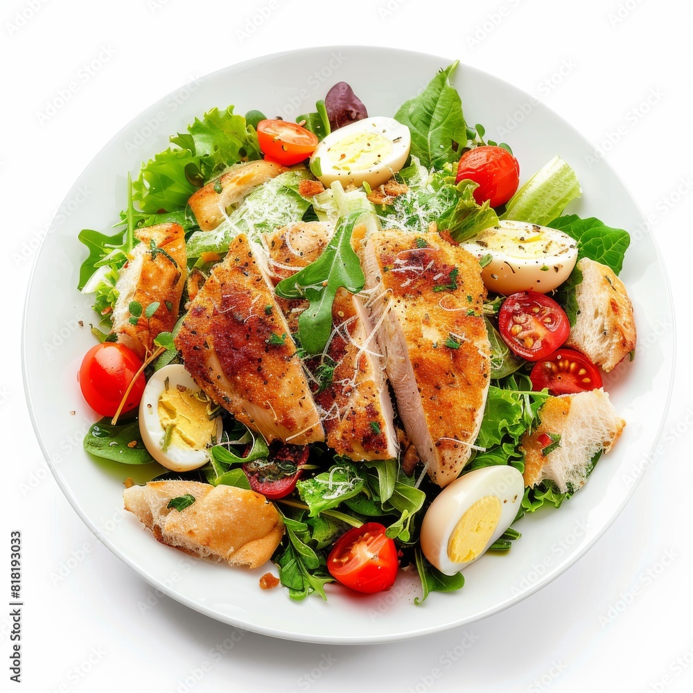 Caesar Salad, Green Lettuce Salat with Chicken and Parmesan Cheese, Caesar Salad, Copy Space