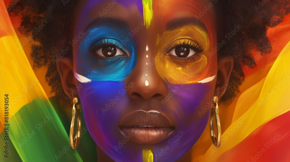 Obraz premium Empowered Black Woman with Venus Symbol Face Painting in LGBT Flag Colors