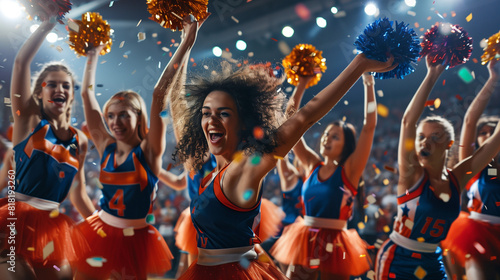 Cheerleader group dancing with pom-poms at basketball stadium photo