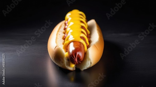 Hot Dog sausage with ketchup and mustard on wooden table, close up, hot-dog unhealthy high-calorie food, dark background, fast food concept