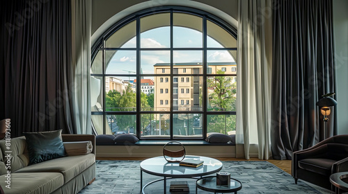 Ein Luxuri  ses Raum mit rundem Fenster und sch  nem Ausblick 