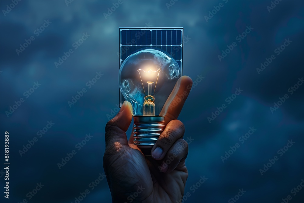 Hand holding a glowing light bulb with solar panel in stormy sky ...